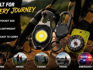 Portable outdoor survival tool set including a COB LED light, compass, and retractable keychain—a practical gift for camping, travel, and outdoor enthusiasts.