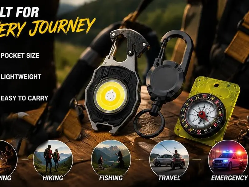Portable outdoor survival tool set including a COB LED light, compass, and retractable keychain—a practical gift for camping, travel, and outdoor enthusiasts.