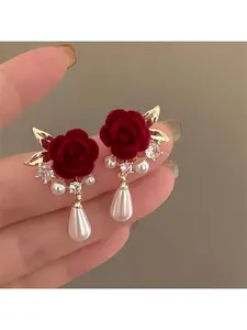 Burgundy Rose & Imitation Pearl Drop Earrings - Vintage Wedding Jewelry Suitable for Parties, Prom, Casual Attire - Elegant Gothic Dangle Earrings with Beauty Accessory