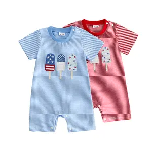 Infant Baby Boy Girl 4th of July Romper Casual Popsicle Embroidered Striped Short Sleeve Newborn Jumpsuit 0-18 Months