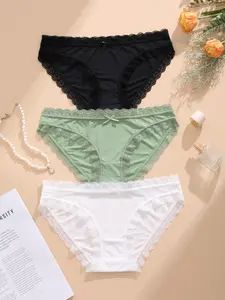 Women's Bow Decor Contrast Lace Scallop Trim Panty, Casual Pastel Soft Comfy Breathable Knicker for Daily Wear, Underwear for All Seasons, White Option, Fashion Breathable Underwear