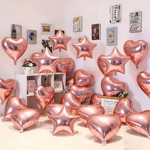 Rose gold love balloons paired with rose gold foil star balloons totaling 16 pieces, 25.4 centimeters, suitable for retirement, wedding, birthday decoration, anniversary party supplies, graduation parties, and baby party decoration