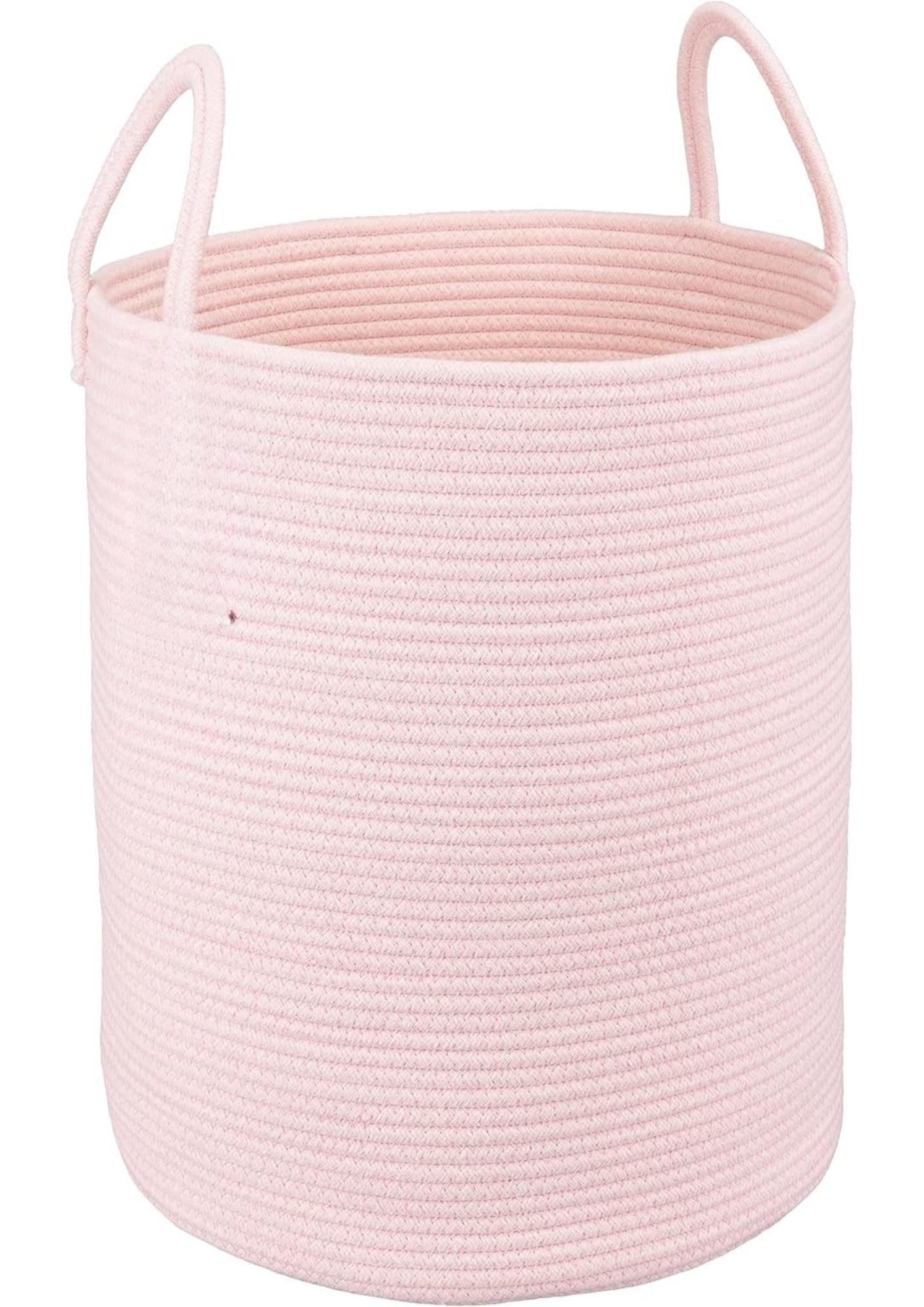 Cotton Rope Laundry Basket Hamper for Girls Kids Baby Nursery Hamper Bin Woven Storage Basket for Living Room Girls room Boho Tall Rope Baskets for Blanket Toys Large light pink
