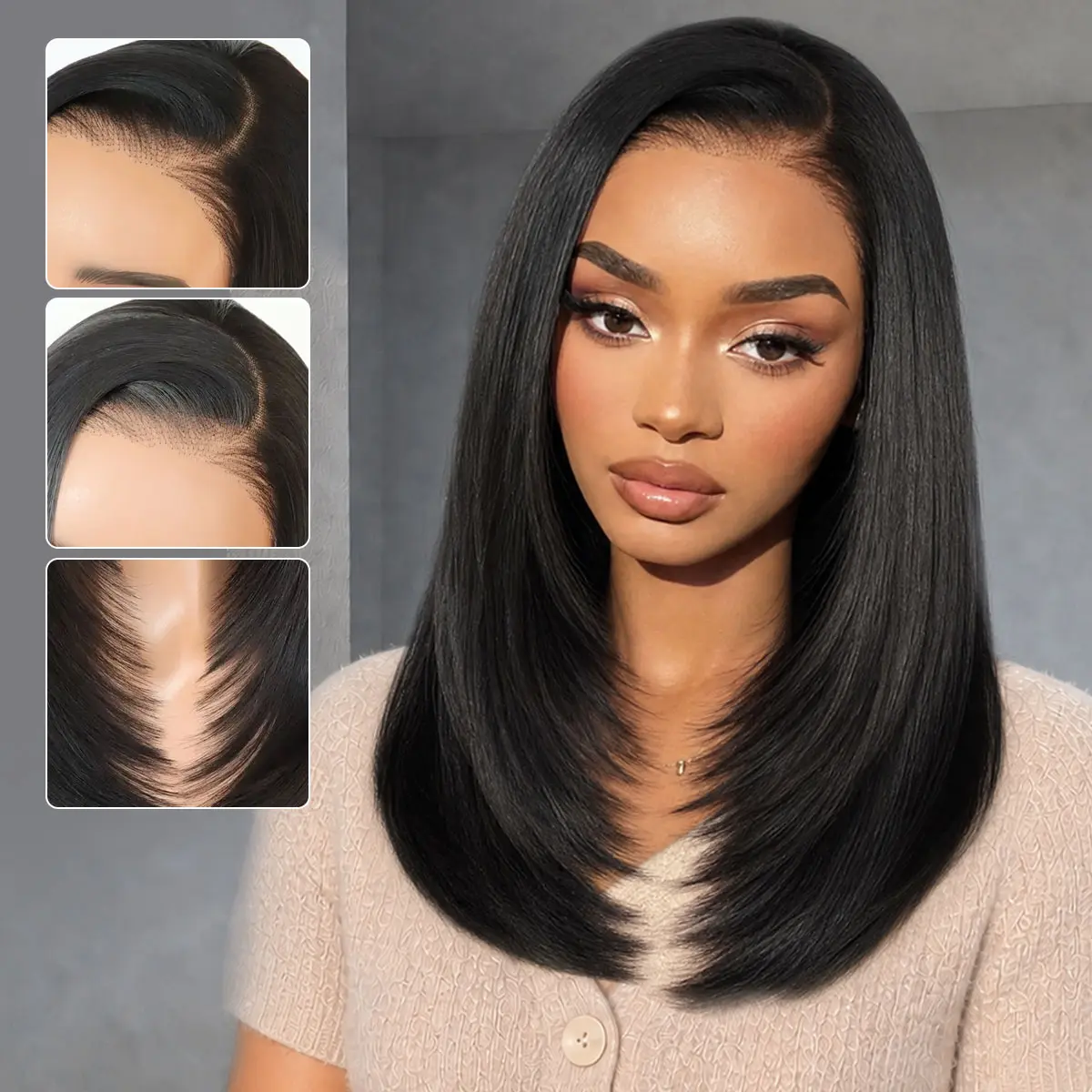 U&A Hair Synthetic 9x7 Glueless C-Part Layered Short Wig 14 Inch，Wear and Go Lace Front Straight Wig Pre Plucked Pre Cut Natural Hairline with Tiny Knots
