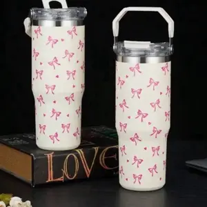 32oz Stainless Steel Insulated Water Bottle with Straw & Handle Leakproof Double-Wall Vacuum Tumbler Pink Bow Design