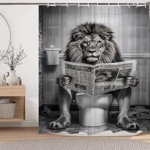 Funny Lion Shower Curtain, Fancy Humor Leo Animal on Toilet Shower Curtains Set, Black and White Funky Shower Curtains, Large Cat Man Grey Bathroom Curtain 72x72 inch