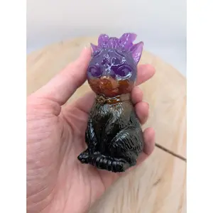 Purple and Black Horned Cat Statue Dirty Pour Cat Wiccan Figurine Witchy B Grade Epoxy Cat Kitten