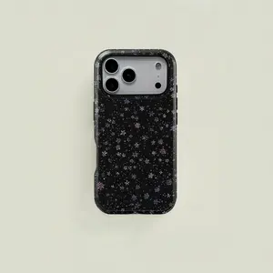 Black shimmering snowflake sequin pattern protective case, sturdy and durable 2-in-1 case, compatible with iPhone 17/16/15/14/13/12/11 Pro Max/Plus/Pro, Samsung Galaxy S26/S25/S24/S23 Ultra series, simple and stylish phone case.