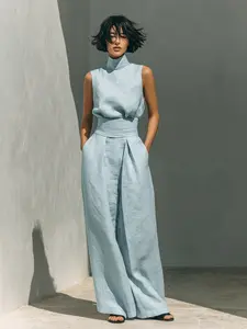 2026 Minimal High Neck Sleeveless Top and Pants Set, Retro Boho Ruffle Sleeveless Top, 2-Piece Elegant Set Chic Mock Neck Halter Top & High-Waisted Wide-Leg Pants, Solid Color Casual Suit, Trendy Old Money Aesthetic Outfit for Summer Vacation & Office