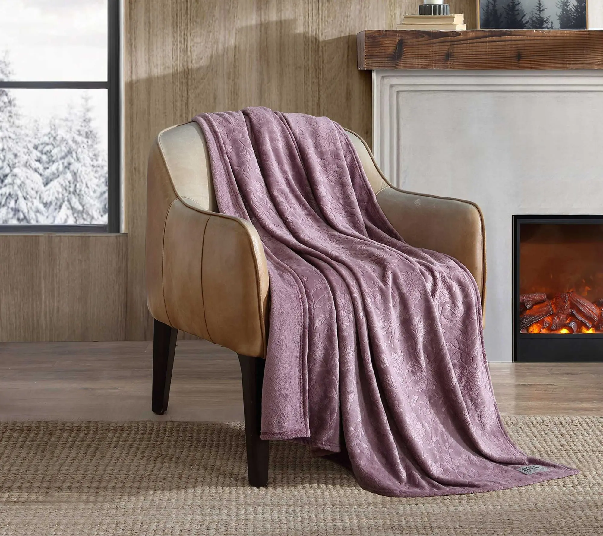 Eddie Bauer Woodblock Floral Plum Plush Fleece Throw Blanket