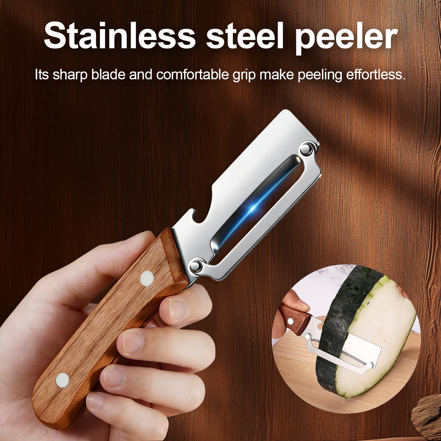 2-in-1 Fruit & Vegetable Peeler with Bottle Opener, Sharp Stainless Steel Blade, Wooden Handle, Ergonomic Non-Slip Comfort Grip