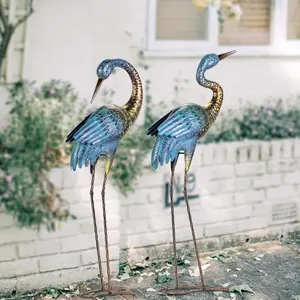 Garden Crane Statues Outdoor, Standing Blue Heron Decoy Sculptures, Metal Bird Yard Art for Lawn Patio Backyard Decoration(Set of 2)