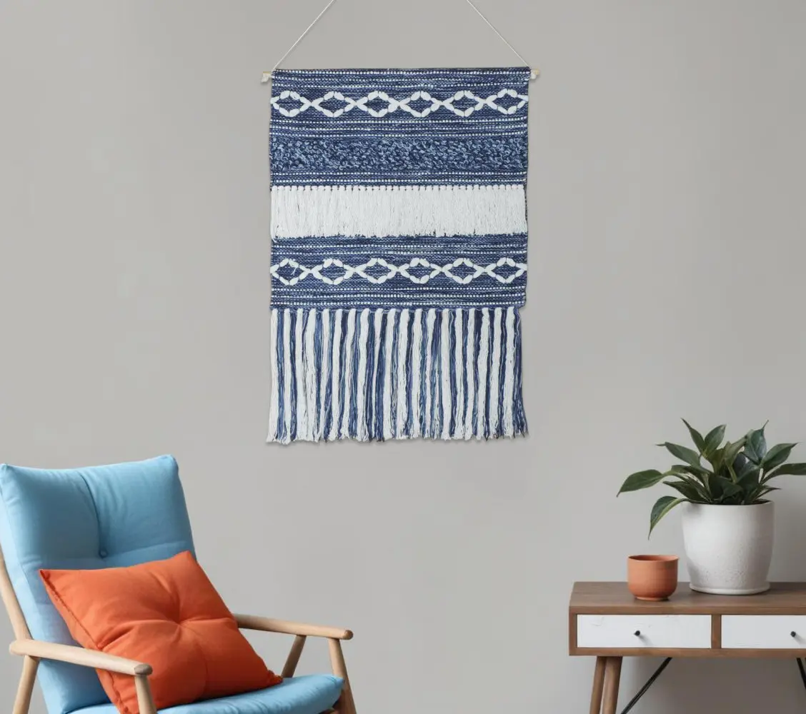 Handmade Bohemian 360-Stand Rectangle Denim Blue & White Geometric Cotton Macrame Hanging Wall Tapestry, 26x51", Decorative, with Macrame Fringe & Rope Holder, 3D Boho Home Decor for Indoors