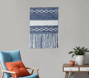 360 stand Rectangle Denim Blue & White Geometric Cotton Macrame Hanging Tapestry Wall Decor, 26x51 in, Handmade Bohemian Room Art with Macrame Fringe