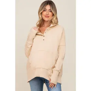Cream Button Front Ribbed Trim Maternity Hooded Sweatshirt