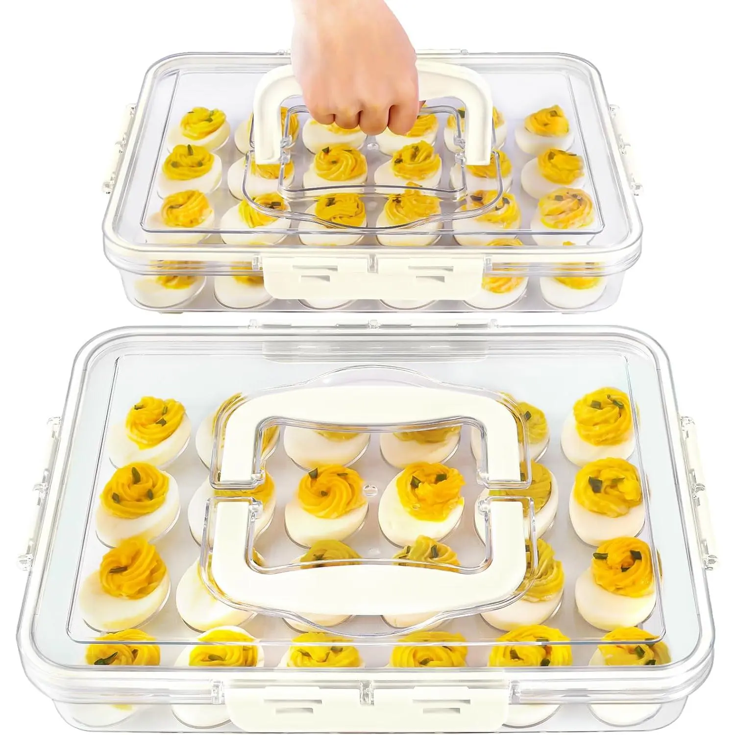 2-Pack Devil Egg Containers with Lid and Handle, Durable Transparent Plastic Devil Egg Holders Can Store 48 Eggs, Stackable Egg Rack Suitable for Refrigerator, Portable Tray for Parties and Picnics - White