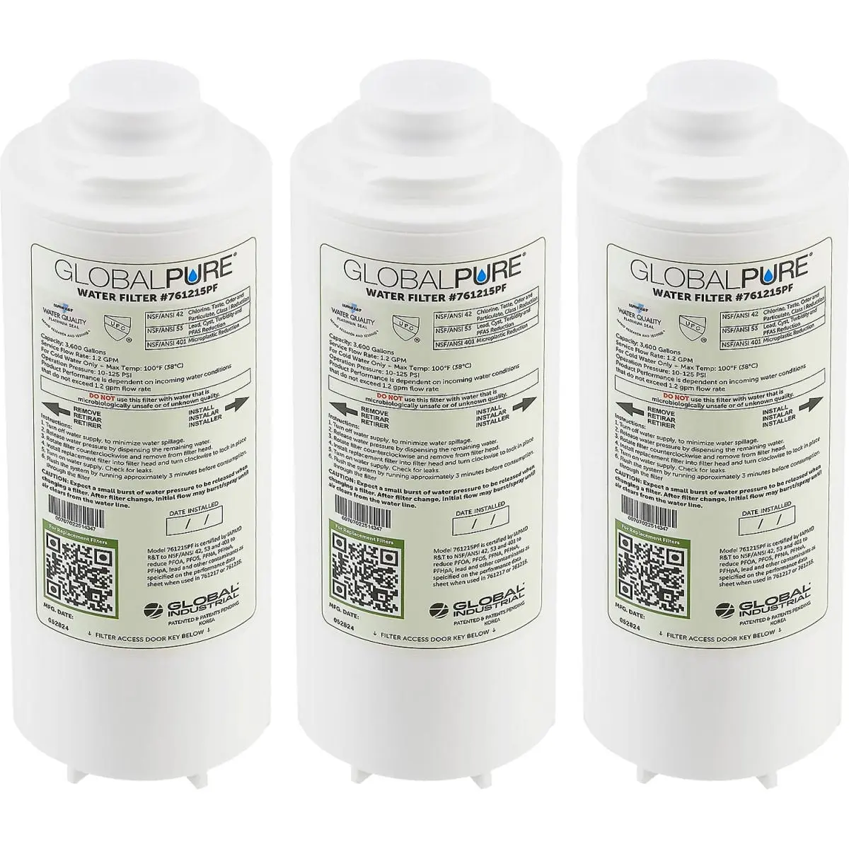 Global Industrial 761215PF-12P Replacement Water Filters - High-Capacity Advanced Filtration System, Total PFAS, Microplastics, Lead, Chlorine Reduction, 3600 gal Capacity, Cold Water Only, Easy Turn Install, Elkay Refill Station Compatible, Pack of 12