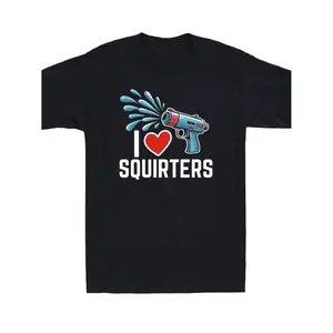 Soft & Comfy T shirt I Love Squirters Humor T-Shirt Black Polyester Casual Tee With Red Gun Graphic Short Sleeve Round Neck Everyday Wear Machine Washable