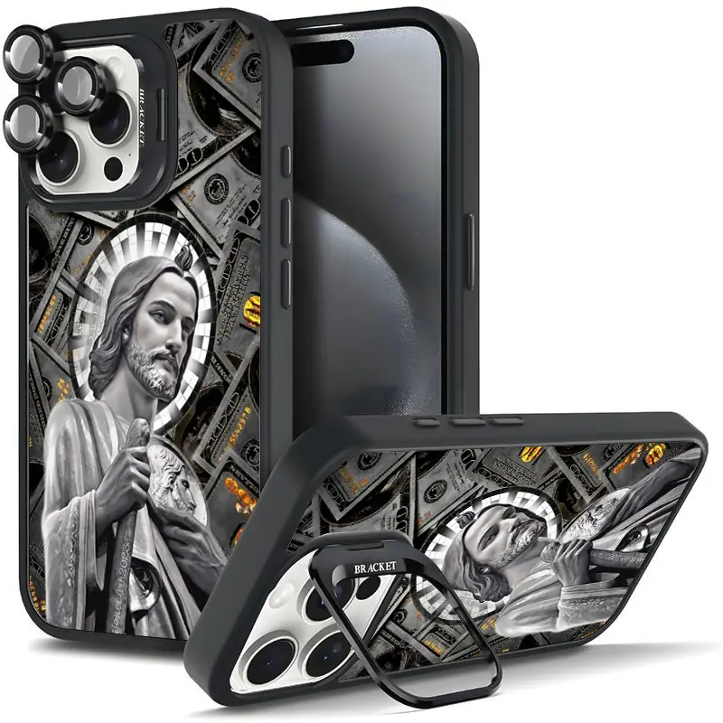 Religious Art God Bless The Virgin Mary Dollar Pattern Phone Case For iphone 16 15 14 13 12 11 PRO PLUS MAX COOL Fashionable Tough Magnetic Durable Metal lens frame Film Bracket Stand Gift Full Protection Camera Holder Phone Cases Cover 275