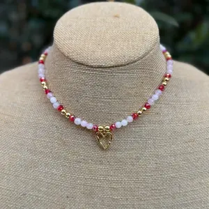 Handmade Rose Quartz and Pearl Beaded Necklace with Red Crystal Beads and Gold Heart Pendant for Women