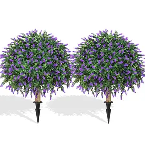 2 Pack Artificial Topiary Boxwood Ball Trees, Lavender Fake Decorative Plants for Outdoor Indoor, UV Resistant Fake Bushes for Front Porch Garden, Fake Plastic Plants, Set