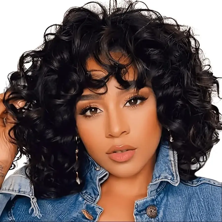 14 Inch Women's Short Curly Synthetic Wig with Bangs Soft Heat-Resistant Hair for Daily Use Parties Weddings Events Volume Curl Texture Comfortable Wear
