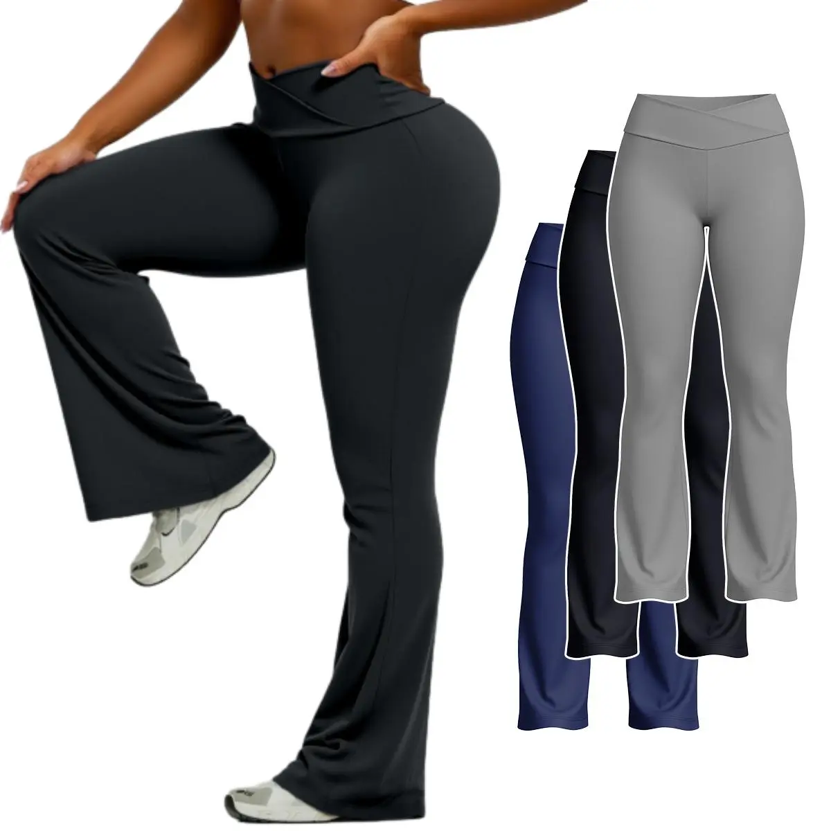 Women's Breathable Crossover Yoga Leggings - High-Waisted Bootcut Flared Pants with Tummy Control, Ideal for Gym & Casual Use