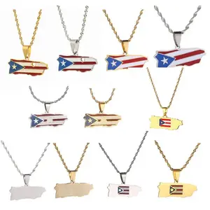 18K Gold Plated Puerto Rico Flag Oil Drop Stainless Steel Pendant Necklace For Men and Women,National Flag Map Series Pendant Necklace Fashion Black Friday/Christmas/National Enthusiasts Jewelry Gifts
