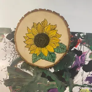 Hand Burned Sunflower Wood Slice Magnet Rustic Floral Accent for Cottagecore Home Decorative Piece