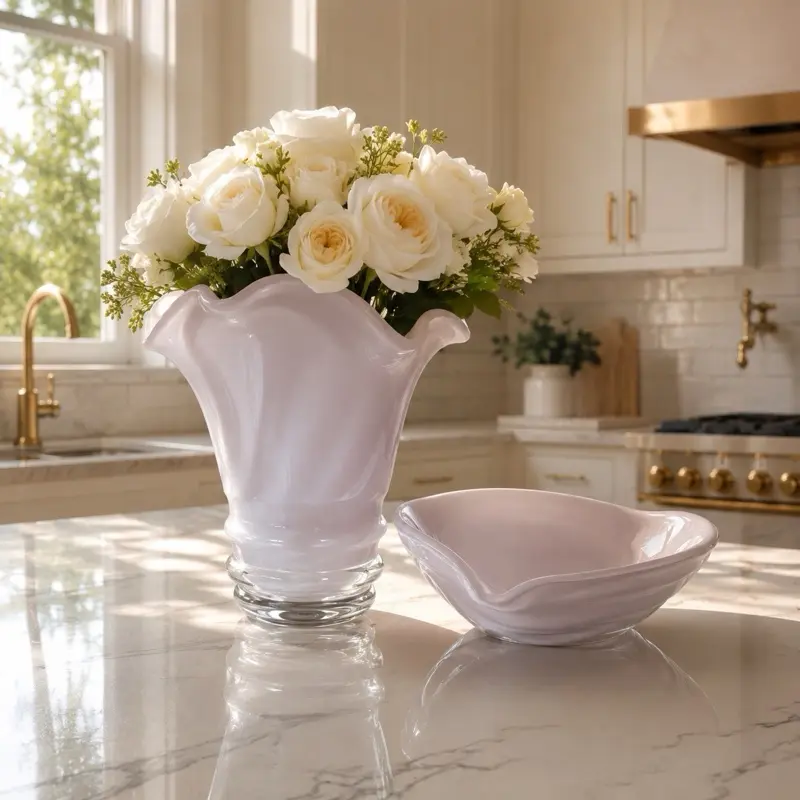 Blush Pink Glass Vase Set with Decorative Fruit Bowl, Glam Modern Easy-to-Clean Flower Vases, Chic Home Decor for Living Room Desk Accessories