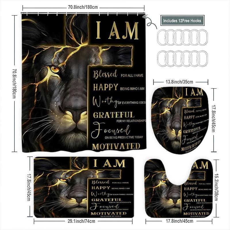 Creative Gold Lion Shower Curtain Set, Waterproof Polyester, Includes Hooks, Toilet Lid Cover, Mat, Home Decor, Holiday Gift, Bathroom Decoration Accessories