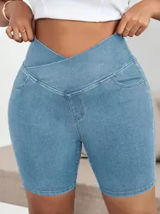 KCGH Plus Size High Waist Denim Biker Shorts Stretch Slimming Yoga Casual Shorts