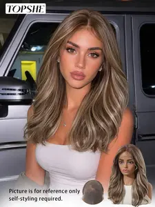 Topshe 13x6 Gold Highlights Wavy Lace Front Wig, Natural Breathable, Heat Resistant, Medium Length, All Seasons, Wigs with Bangs