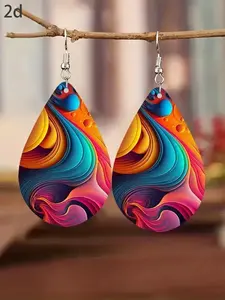 Women’s Minimalist Abstract Mountain Pattern Drop Earrings, Lightweight Acrylic Dangle Design with Colorful Art Style, Wood Grain Texture with Stainless Steel Hooks, Boho Style Jewelry