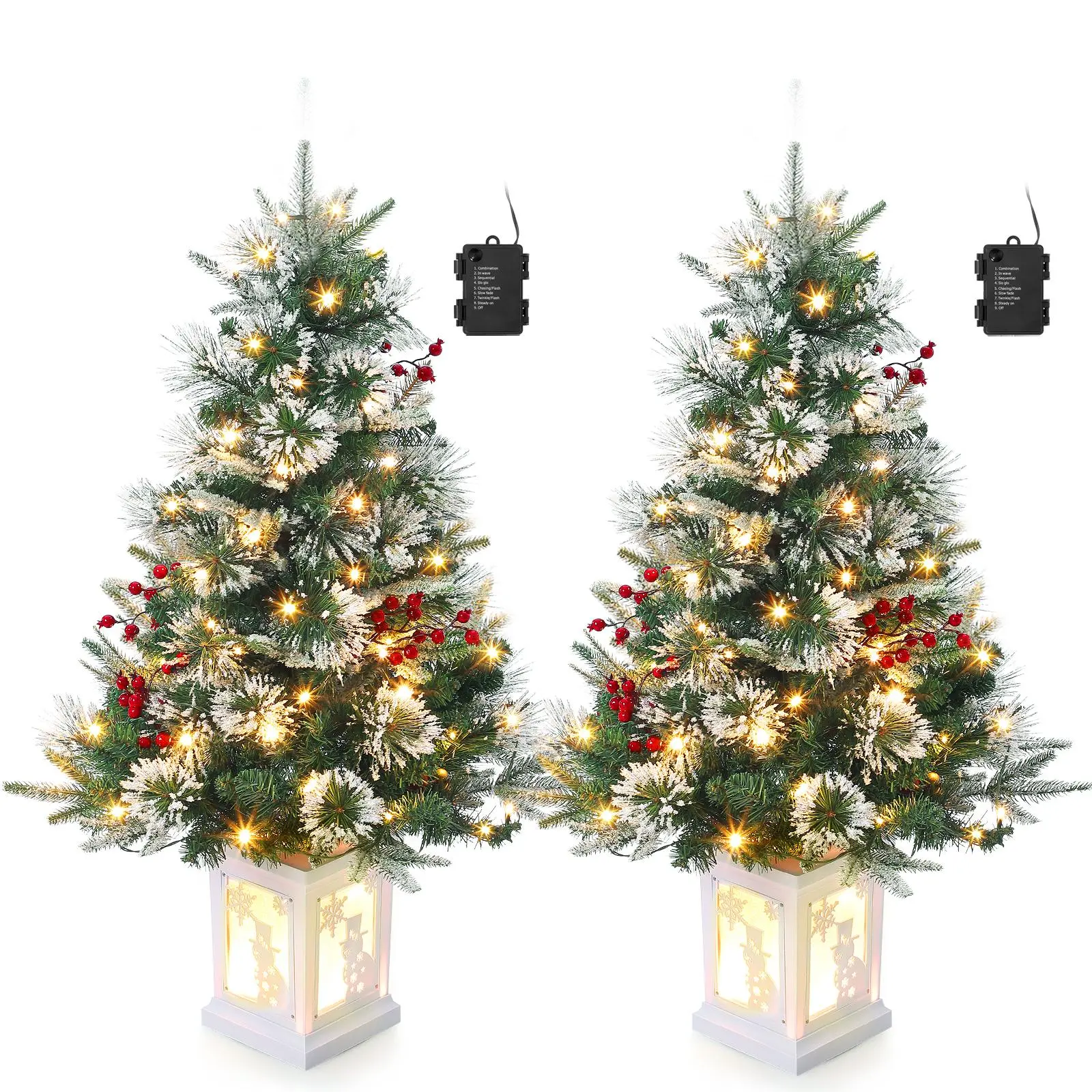 Garvee 3FT Prelit Premium Potted Flocked Arctic Fir Christmas Tree, Artificial Mini Prelit Xmas Tree Christmas Decoration Snowman White Base- 2PCS