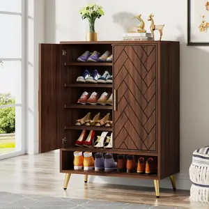LITTLE TREE Entryway Shoe Cabinet with Doors, 6-Tier 24 Pairs Wooden Shoe Storage with Adjustable Shelves and Gold Legs for Living Room, Bedroom