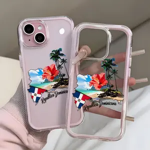 Transparent pink Dominican Republic flag, palm tree, and flower design phone case, suitable for iPhone 16/15/14/13/12, is a perfect holiday gift for friends and family.