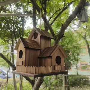 Natural Wooden Hanging Bird House, 3-Room Design Bird Nest, Durable Outdoor Bird Habitat with Chain for Easy Hanging, Perfect for Garden, Yard & Backyard Bird Watching Decor