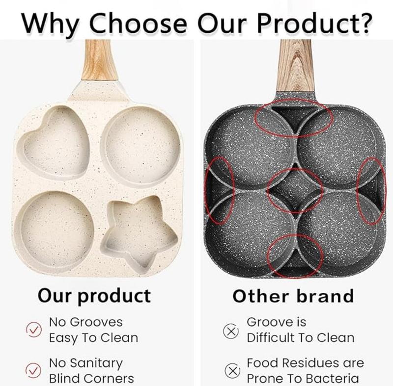 Non-stick Hole Design Egg Frying Pan, 4 Hole Skillet with Handle, Small Egg Fry Pan 4-in-1 Divided Grill Pan, Wooden Handle Stone Omelet Non-stick Cookware, Breakfast Pancake Pan, Kitchen Gadgets for Gas and Induction Cooktops gas stove