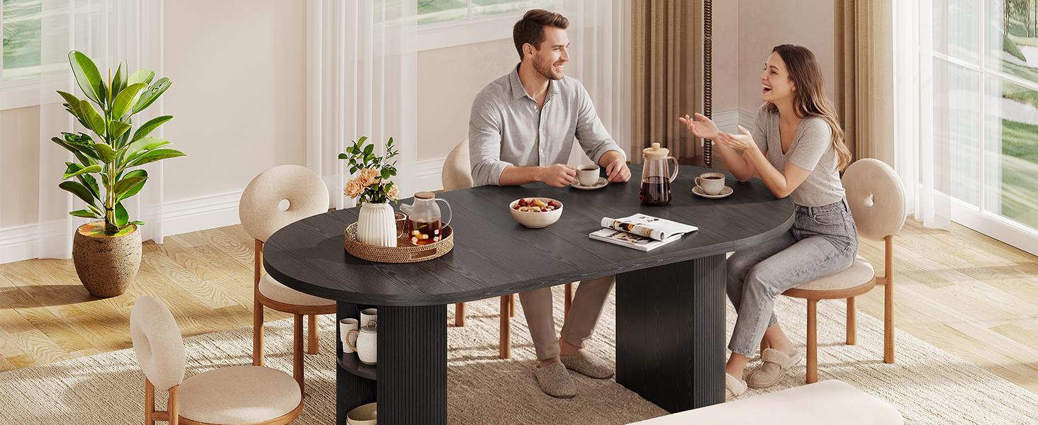 【BackToSchool】ONBRILL 41-78 Inch Extendable Dining Table for 4-8, Gorgeous Fluted Expandable Kitchen Table with Storage, 2 Leaf, Mid Century Modern Oval Dinner Tables for Dining Room, Kitchen, Living Room BackToSchool