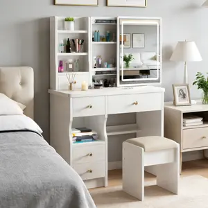 White dressing table with mirror and lights, makeup vanity set with 5 drawers and 5 shelves, 3 lighting modes, suitable for bedroom or bathroom (modern style)