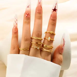 8PCS 18K Gold Plated Rings Set For Women Cubic Zirconia Stackable Simple Dainty Wedding Bands Jewelry Size 4-11