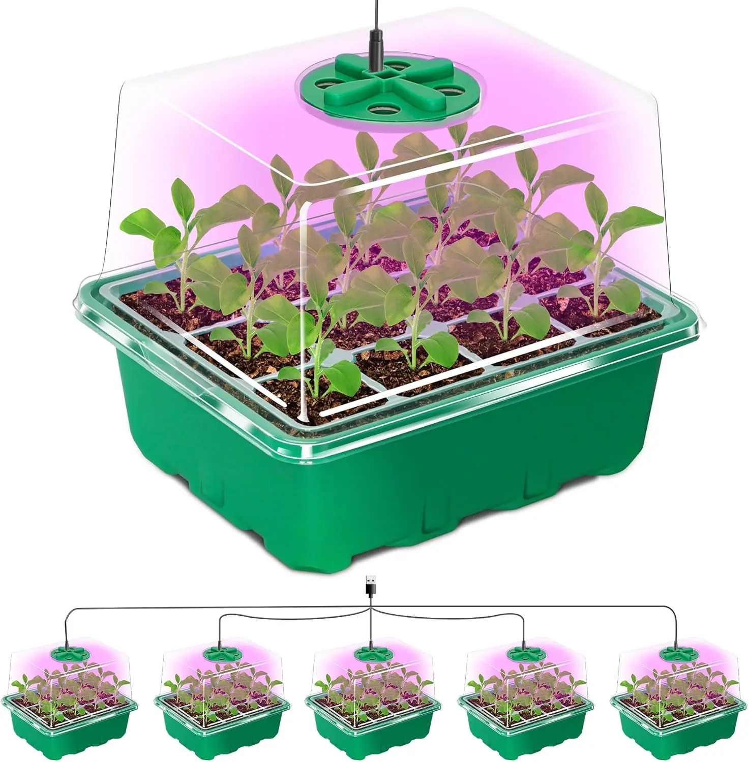 5 Packs Seed Starter Tray with Plant Light, Elevated Seedling Starter Kits with Adjustable Humidity Domes and Clear Cell Tray, 12 Full Spectrum LED Lamp Beads for Indoor Plants, Green