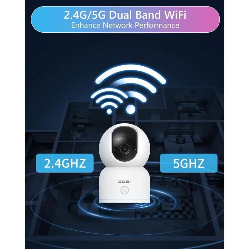 ZOSI C518 3MP 2K Indoor Pan-Tilt Smart Home Security Camera - Corded Power, Plug-and-Play, 2.4G/5G Dual-Band Wi-Fi, Phone App Control, Night Vision, Person Detection, 2-Way Audio, Cloud & Local Storage, 2-Year Guarantee