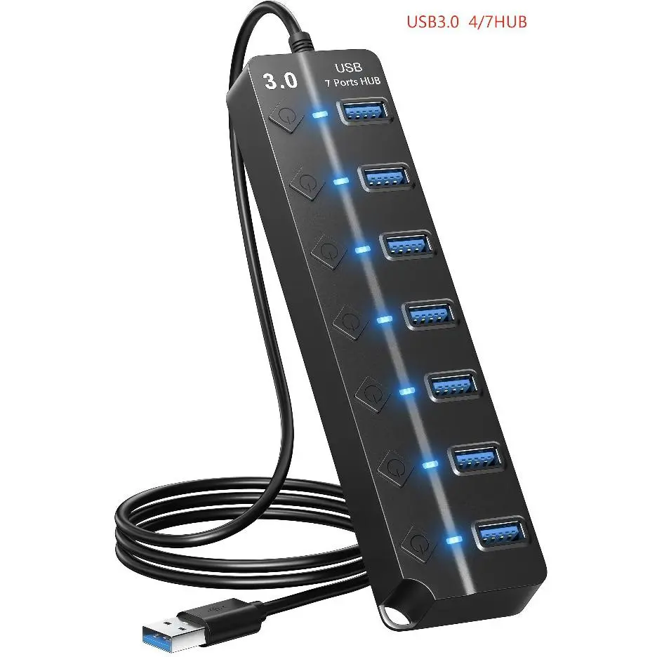 4/7 Port Multiple USB Port USB 3.0 HUB with Individual Switches, Multi-Interface Splitter for Laptops Desktops, USB Hub for PC, 5gbps High-Speed Transfer, Mini Expansion with LED Indicator, USB Port Adapters