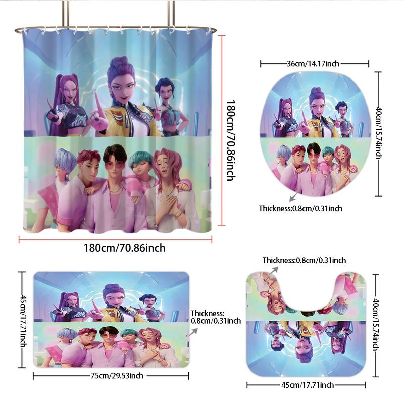 K-POP Demon Hunters Bathroom Set, Shower Curtain Sets Including Shower Curtain with 12 Hooks, Non-Slip Bath Rug, U-Shaped Toilet Mat, Toilet Lid Cover, Bathroom Decoration Accessories
