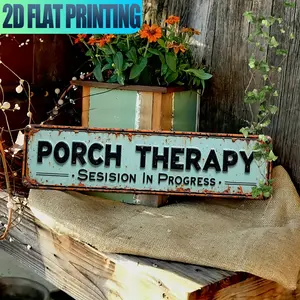 2D Flat Printing, 1pc Vintage "Porch Therapy, Session in Progress" Metal Wall Sign - 16x4 Inch Aluminum Outdoor Decor with Rustic Greenery Design, Perfect for Home, Farmhouse, Bathroom, Cafe, Garage, Porch, and Bar - Durable, Easy to Install,