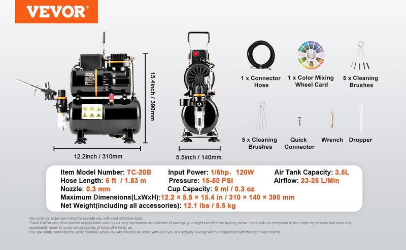VEVOR Airbrush Ensemble, TikTokShopBlackFriday, Expert Airbrush Kit with Compressor, Multi-Use Dual-Action Gravity Feed Airbrush System for Art, Nails, Cookies, Tattoos
