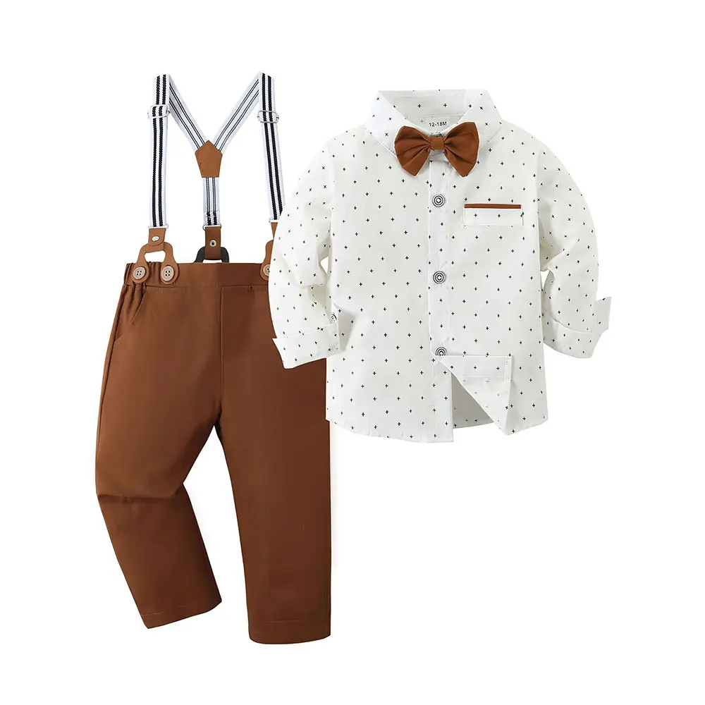Baby Boy Gentleman 3-Piece Suit Set - Long Sleeve Dress Shirt, Suspender Pants, Bow Tie - Elastane-Cotton Blend, 1-5T (18-24m,2-3t,3-4t,4-5t) - All-Seasons Wedding/Party Christening Outfit Gift, Soft Cotton