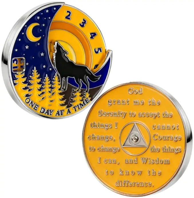 Imasoner Wolf AA Sobriety Coin, 12 Steps Double-Layer Rotating Medallion Serenity Prayer, One Day at a Time Spinner Sober Chip, Inspirational Recovery Gift Men & Women | Home Decor, Lounge Accessories, Cool Room Decor, Men’s Room Decor